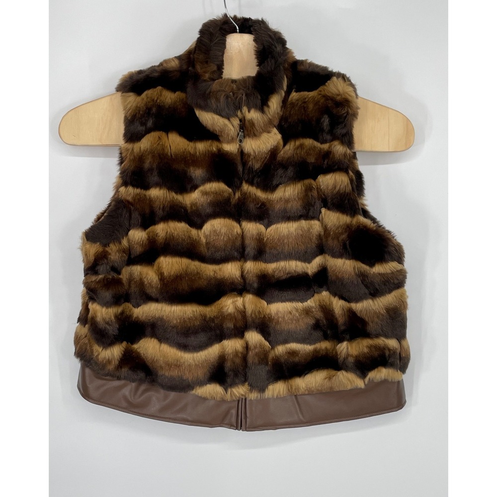 Chico's Womens Vest L/XL Faux Fur Brown Striped Zip Front Leather Trim Cozy